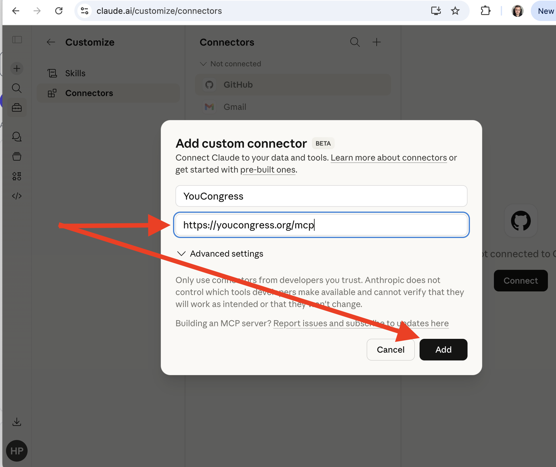Screenshot showing how to add the YouCongress connector in Claude settings. The Name field says YouCongress and the URL field says https://youcongress.org/mcp